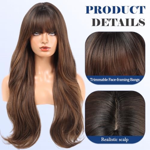 HAIRCUBE Long Wig with Bangs Layered Curly Wigs for Women Natural Synthetic Wigs for Daily Use (#4/27 pelucas de cabello natural) - Image 2