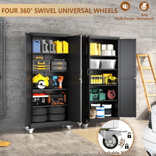 71" Metal Garage Storage Locker Cabinet with Wheels,Rolling Black Lockable Tool Cabinet with 2 Doors and 4 Adjustable Shelves, Steel Office File Cabinet for Home Office Warehouse Gym - Image 6