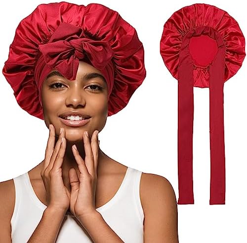AWAYTR Wide Band Satin Bonnet, Tie-Band Sleep Cap for Curly Hair Women Red by AWAYTR