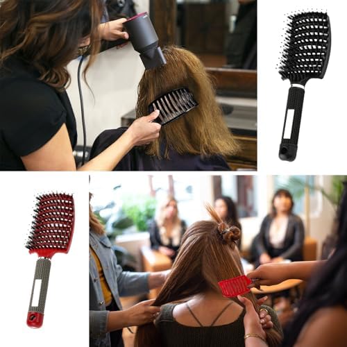 2pack Boar Bristle Hair Brush No Pull Curved Vented Hair Brushes Detangler Brush Fast Blow Drying Hair Brush for Kids Men Women Wet Dry Long Thin Thick Curly Tangled Hair (red+black) - Image 5