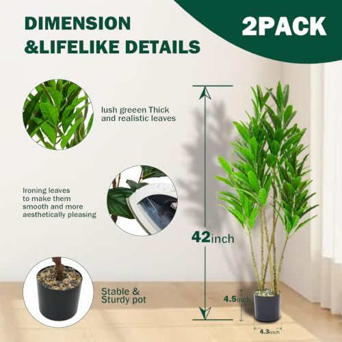 3.3FT Artificial Croton Plant, Faux Green Leaf Croton Tree with 6 Trunks - Image 2