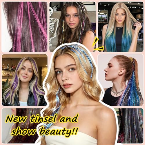 Leuceiy Hair Tinsel Clip in,Hair Accessories Tinsel Hair Extensions for Girls Pack of 6 Pcs 20 Inch,Fairy Hair Tinsel Kit,Heat Resistant New Years Festival Party - Image 7