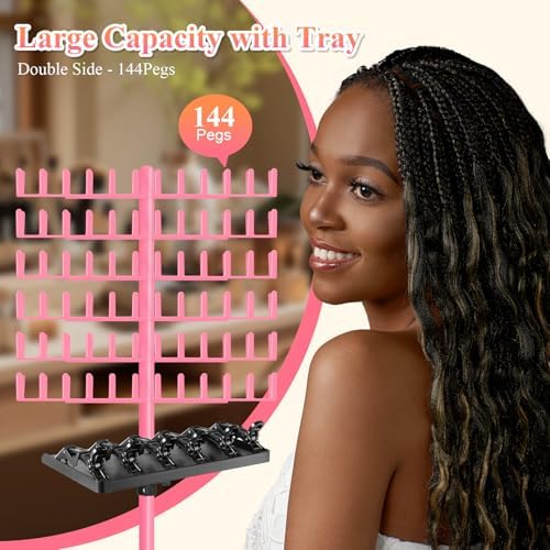 OLMRJKD Braiding Hair Rack with Tray, 144 Pegs Height Adjustable Braiding Rack, 2-side Hair Extension Holder Hanger, Hair Stand with Stylist Hair Braiding Tools for Hair Salon Home Traveling (Pink) - Image 2