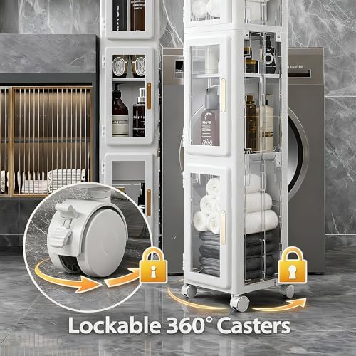 VECELO 4 Tier Tall Plastic Slim Storage Cabinet with Lockable Wheels, Adjustable Shelves, Anti-Tip for Bathroom, Living Room, Laundry Room, Kitchen, Narrow/Small Space, Easy Assembly, Clear - Image 6