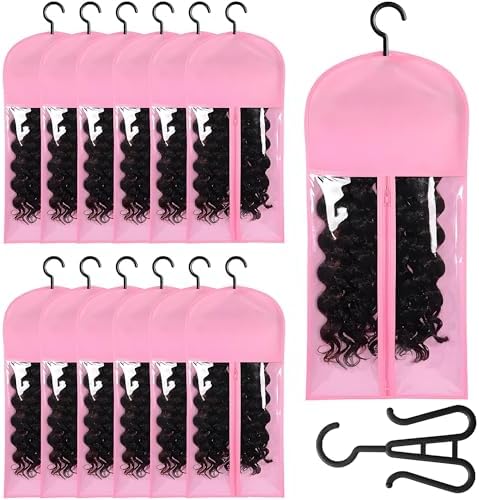 12 PCS Dustproof Portable Wig Storage Bags with Hanger for Hair Extensions 60cm x 30cm, Wig Bags Storage with Hanger, Wig Storage(Pink) by KneysanMakeYourLifeBetter