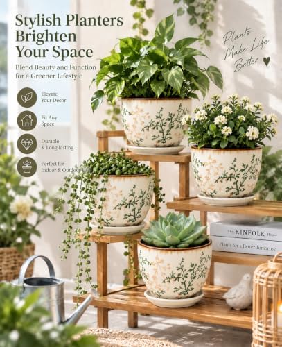 Retro Ceramic Garden Pots, 5.8 Inch Plant Pots with Drainage and Attached Saucer Set of 4, Chinoiserie Floral Large Flower Pots for Home Decor, Plant Lover Gifts, White Green - Image 2