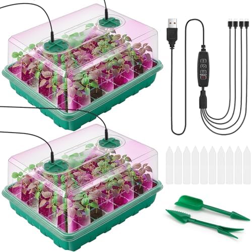 Hanaoyo 96 Cells Seed Starter Tray with Lights, 2 Packs Seed Starter Kit with Humidity Vented Domes and High Lid, Adjustable Brightness Germination Kit for Indoor Greenhouse Seed Starter by Hanaoyo