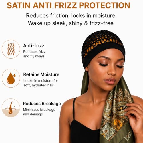 2 in 1 Wrap Cap Hair Net and Scarf for Silk Press, Satin Wrap Cap Bonnet for Women, Adjustable Stay-On Sleep Hair Net Scarf for All Hair Types (Green, One Size) - Image 3