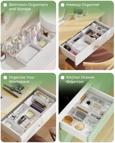 BiuLeon 25 PCS Plastic Drawer Organizers Set, 4-Sizes Vanity and Makeup Organizer, Desk and bathroom Drawer Organizer Trays, Organizers and Storage for Makeup, Jewelry, Gadgets, Utensils (White) - Image 7
