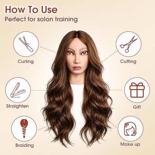 Mannequin Head with 80% Real Hair, 26'' Hairdresser Practice Styling Training Head Cosmetology Manikin Doll Head with Clamp Holder, DIY Braiding Set (Amber Brown) - Image 5