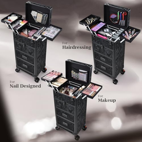 Stagiant Rolling Makeup Case with Drawers Cosmetology Case on Wheels 4 IN 1 Makeup Case 3 Drawers with Foot Stand Spring-release Mechanism Rolling Make Up Organizer for Artist Salon Nail Teach Trunk - Image 5