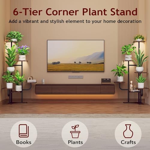 Corner Plant Stand with Grow Light - 6 Tier Plant Stand Indoor Square Metal Plant Shelf with Adjustable Light, Plant Organizer for Living Room, Graden, Home Decor, Brown - Image 2