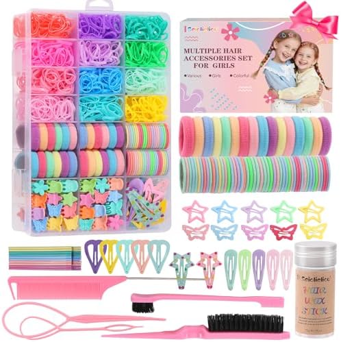 Hair Accessories for Girls, 1350P Colorful Hair Ties with 72P Hair Clips by Seiolieliou