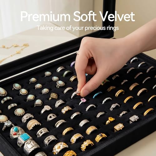 Frebeauty 100 Slots Ring Organizer Tray,Velvet Ring Box with Clear Lid - Image 5