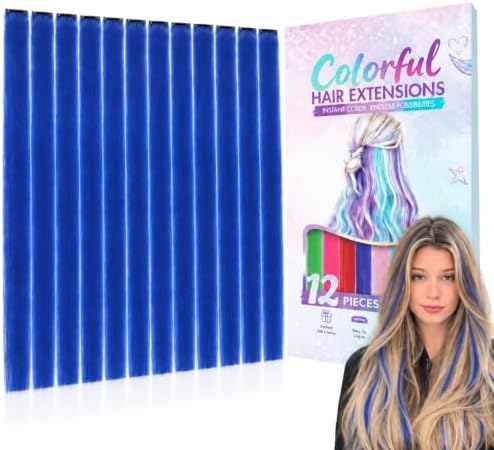 Blue Colored Clip in Hair Extensions, Synthetic Hair for Girls by KRALER