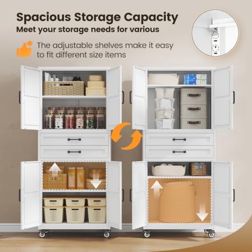 Yizosh 73" White Mobile Metal Kitchen Pantry Storage Cabinet with 2 Drawers - Image 5