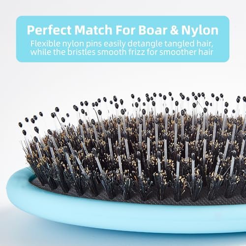 Boar Bristles Hair Brush for Women and Men, Detangling Hair Brush for Smoothing Massage Add Shine, Nylon&Boar Bristles Detangler brush for Hair Healthy (1 Pack-Blue) - Image 2