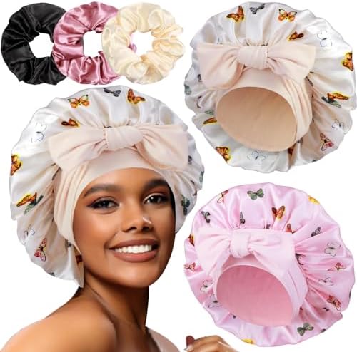 2+3 Large Satin Bonnets with Scrunchies for Women, Hair Bonnet Sleeping Tie Bonnet for Braids Curly Hair by Heniho