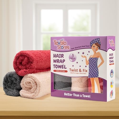 Textila 100% Cotton Hair Wrap Towels for Women, (Pack of 3 - Raspberry, Pink & Grey) Head Towel Cap, Cotton Hair Turban Towel Wrap for Long Curly Anti Frizz Hair, Soft and Absorbent Cotton Hair Towels - Image 2