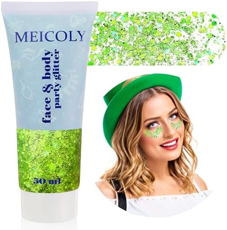 MEICOLY Lime Green Body Glitter for Halloween St Patricks Day, Holographic Game Day Spirit Day Face Glitter,Self-Adhesive Light Green Hair Glitter,Chunky Glitter Face Paint for Party Festival by MEICOLY