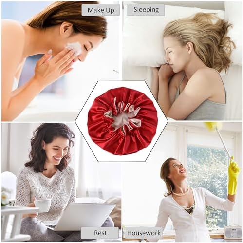 Silk Bonnet for Sleeping Satin Bonnets Double Layer Reversible Hair Cap Bonnet for Women Long Curly Braid Hair (Red) - Image 5