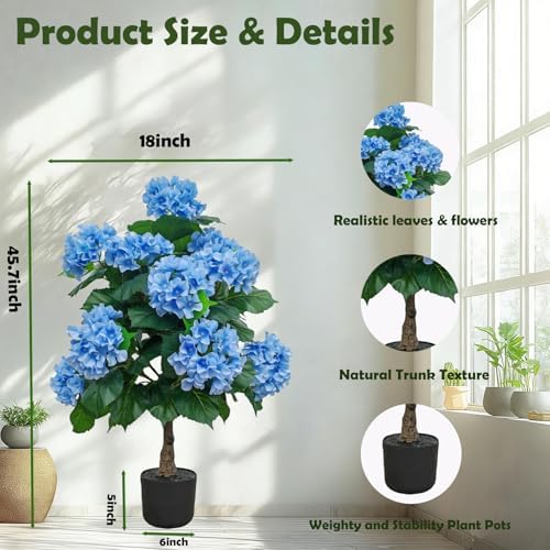 THKFUL Hydrangea Artificial Trees Potted for Outdoor Indoor,3FT Realistic Faux Hydrangea Plants in Pot Silk Flowers Tree,UV Resistant Fake Tree Bushes Topiary for Garden Office Home Porch Front - Image 3