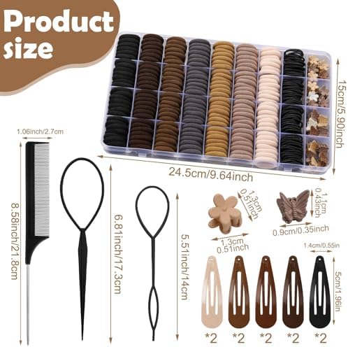 Brown Hair Accessories for Girls - 360 Pieces Cotton Toddler Hair Ties Brown Ponytail Holders, Hair Clips and Hair Tail Tools, Neutral Colors - Image 2