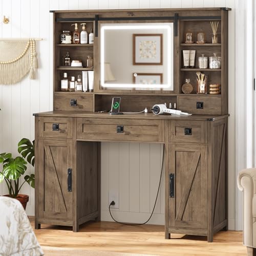 AOGLLATI Farmhouse Makeup Vanity Desk with Lights & Charging Station,Vanity Desk with Mirror and Lights, 47.2” Large Brown Vanity Table with Ample Storage Space and Sliding Mirror (Oak Brown) by AOGLLATI