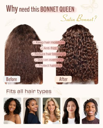 BONNET QUEEN Soft Premium Satin Lined Bonnet, Double Layer Anti-Frizzy Silk Like Bonnet for Sleeping for Curly Hair with Tie Band, Pink - Image 4