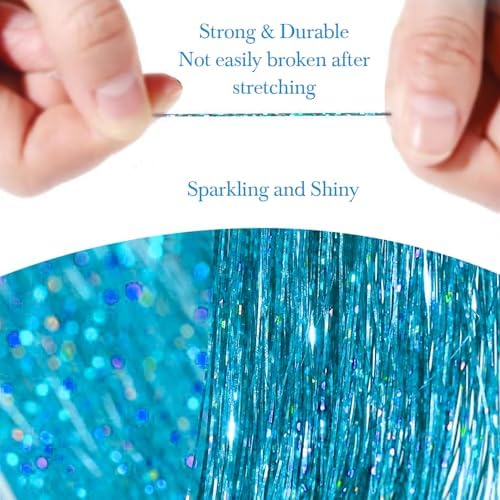 Hair Tinsel 8 Packs 1600 Strands 50 Inch Tinsel Hair Extensions Lake Blue Heat Resistant Glitter Sparkling Shinny Fairy Hair Accessories for Women(Lake Blue, 50Inch) - Image 3