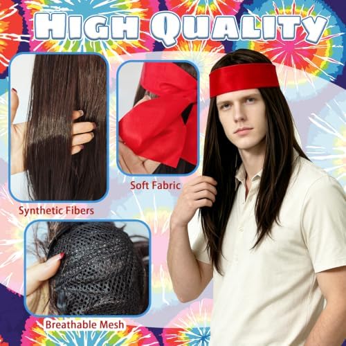 Bvrbaory Hippie Accessories for Men,4 Pcs Retro Hippie Costume Set with Hippie Wig,Sunglasses,Peace Necklace and Headband,60s 70s Disco Style,80s Retro Party,Halloween Fancy Dress - Image 3