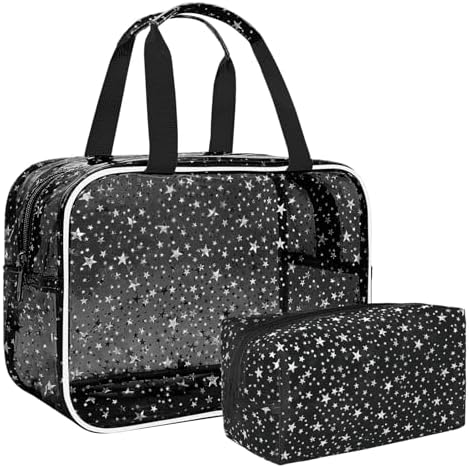 2PCS Clear Star Print Waterproof Makeup Bag, Lagre PVC Cosmetic Pouch with Zipper, Travel Toiletry Organizer for Women, Small Personal Item for Travel, Business Trip, Gym & Daily Use (Black) by junesters