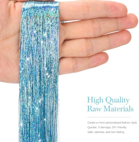 Hair Tinsel 8 Packs 1600 Strands 50 Inch Tinsel Hair Extensions Sky Blue - Image 2