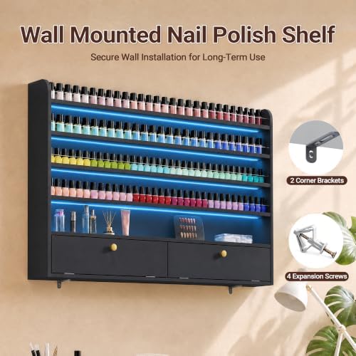 Wood Nail Polish Rack with Cabinet, 5-Tier Nail Polish Display Shelf, Black - Image 6