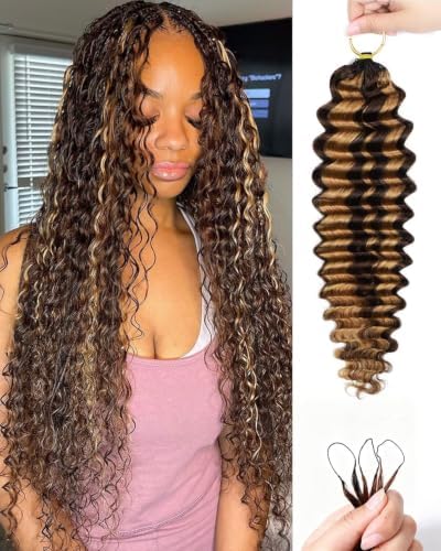 P4/27 Brown-Blonde Color 16 Inch Human Crochet Hair for Black Women Feather Crochet Extensions 55g 40 Strands Resusable Miracle Look Hair Bundles Soft Lightweight Small Knots Deep Wave by VDZ100HumanHair