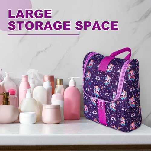 Remobia Hicol Cute Cartoon Hanging Kids Toiletry Bag Children Travel Cosmetic Makeup Organizer Wash Bag Shower bag Over Night Bag Camping Shaving Kit Bag for Boys & Girls(Unicorn) - Image 6