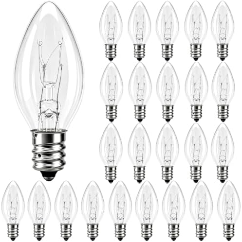 25 Pack C7 Clear Replacement Bulbs, C7 Outdoor Candle Light Bulbs, Night Candle Light for Indoor Outdoor Patio Bistro Party Decor Christmas String Light, E12 Candelabra Base, 5W by Konictom