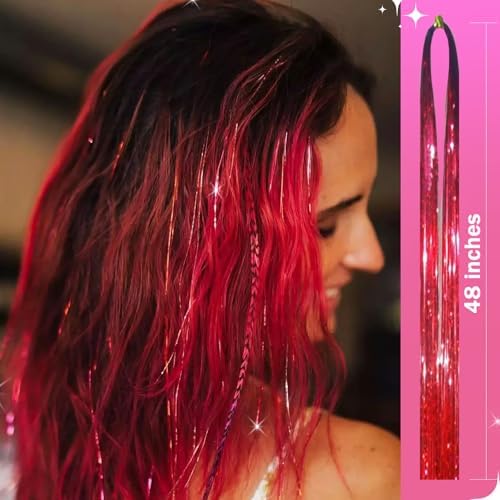 NIACONN Glitter Hair Tinsel Extensions Kit Red with Tools and Beads, 48 Inch Sparkly Fairy Colorful Tensile Strands Shiny Hair Accessories for Women Girls Kids - Image 2