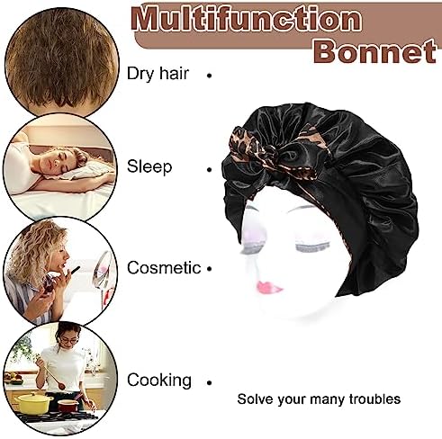 CHLINS Satin Bonnet Silk Sleep Cap for Women - Stretchy Tie Band Hair Cap for Curly Hair - Silk Wrap (Black+Leopard Print) - Image 5