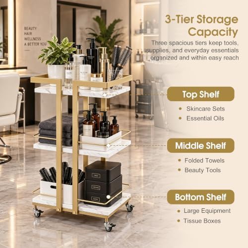 BarberPub Salon Trolley Cart on Wheels, 3-Tier Metal Utility Cart 2033 - Image 4