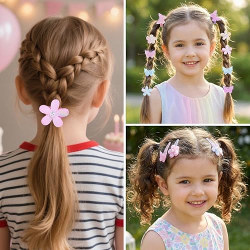 32 Pcs Toddler Sparkly Hair Ties Hair Clips for Girls Baby Hair Bows Flower Elastics Baby Hair Ties Ponytail Colorful Bow Hair Clip Cute Flower Scrunchies Hair Accessories - Image 5