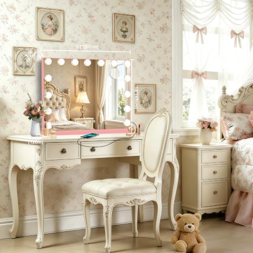 Ratsamee Pink Hollywood Vanity Mirror with Lights, 15 Dimmable Bulbs, 3 Color Lights,Make Up Lighted Mirror, Aluminum Metal Frame, USB Charging Port（23" x 18"） - Image 2