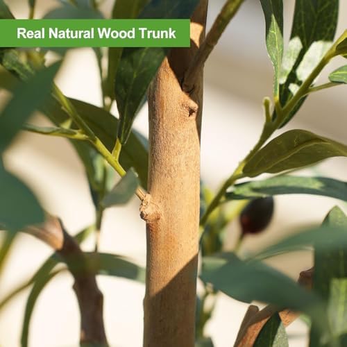 Faux Olive Tree 6FT – Tall Artificial Plants Indoor with Real Wood Trunk & Seagrass Basket, Lifelike Silk Leaves & Fruits – Potted Large Fake Trees for Home, Living Room, Bedroom & Office Decor - Image 5