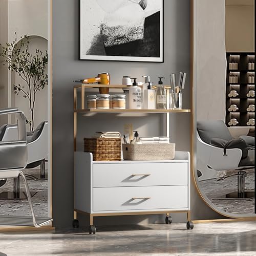 Salon Rolling Trolley with Lockable Wheels Barber Cart with Storage Drawer Mobile Hair Station Cabinet for Beauty Makeup Esthetician Spa Massage (White+one Shelf+Two Drawers) - Image 6