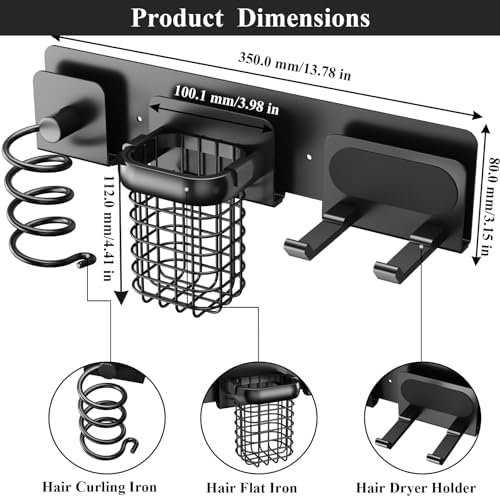 Tindbea Upgraded Aluminum Alloy Hair Dryer Holder Wall Mounted with Built-in Cord Wrap,3-in-1 Hair Tool Organizer for Blow Dryer, Curling Iron, and Straightener, Matte Black - Image 3