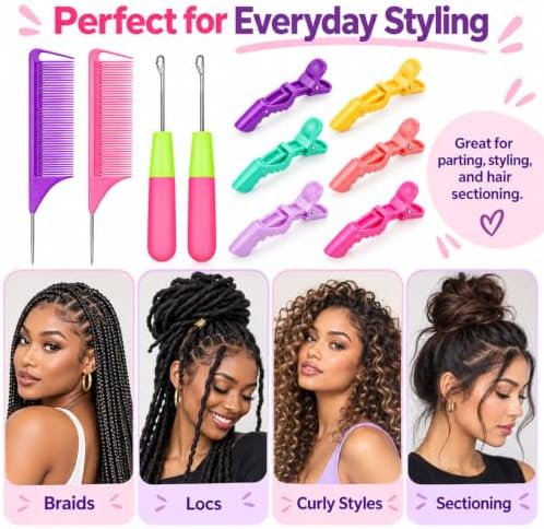 Hair Braiding Tool Kit,10-Piece Hooks,Combs and Pastel Clips - Image 2