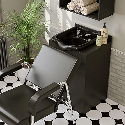 SyyBhb Black Shampoo Bowl Cabinet for Salon, Backwash Shampoo Station with Storage and Plastic Bowl - Image 7