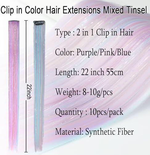 Ms Aloe 10 Pcs Colorful Clip in Hair Extensions Mix Hair Tinsel 22inch Synthetic Straight Clip in Hair Extensions Rainbow Colored Hair Accessories for Women - Image 2