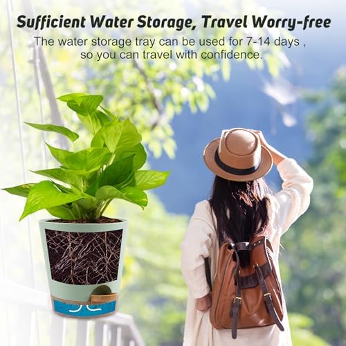YNNICO 8-Inch Plant Pots, Self-Watering Planters with Drainage Holes & Saucers for Indoor and Outdoor Plants (2-Pack, Green) - Image 6