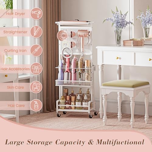 Hair Tool Organizer Cart with Hair Dryer Holder, Narrow Bathroom Storage Cart for Curling Flat Iron & Hot Tools, Slim Hair Appliance Organizer for Vanity Styling Tools, Salon Cart with Tray on Wheels - Image 3